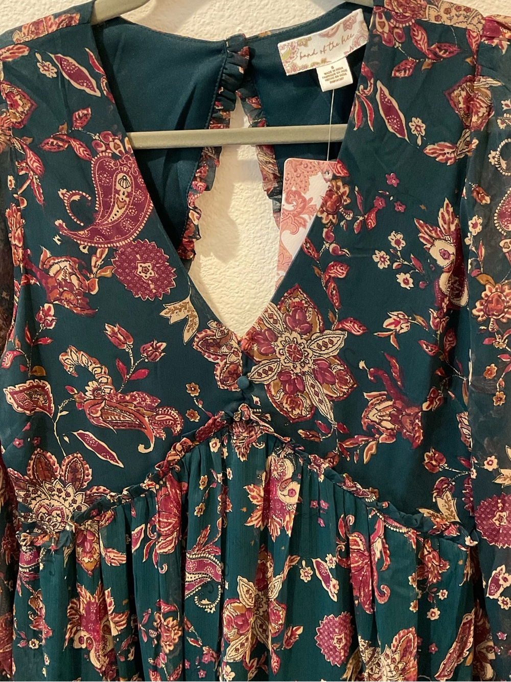 Floral Paisley V-Neck Women’s Dress in Teal and Burgundy